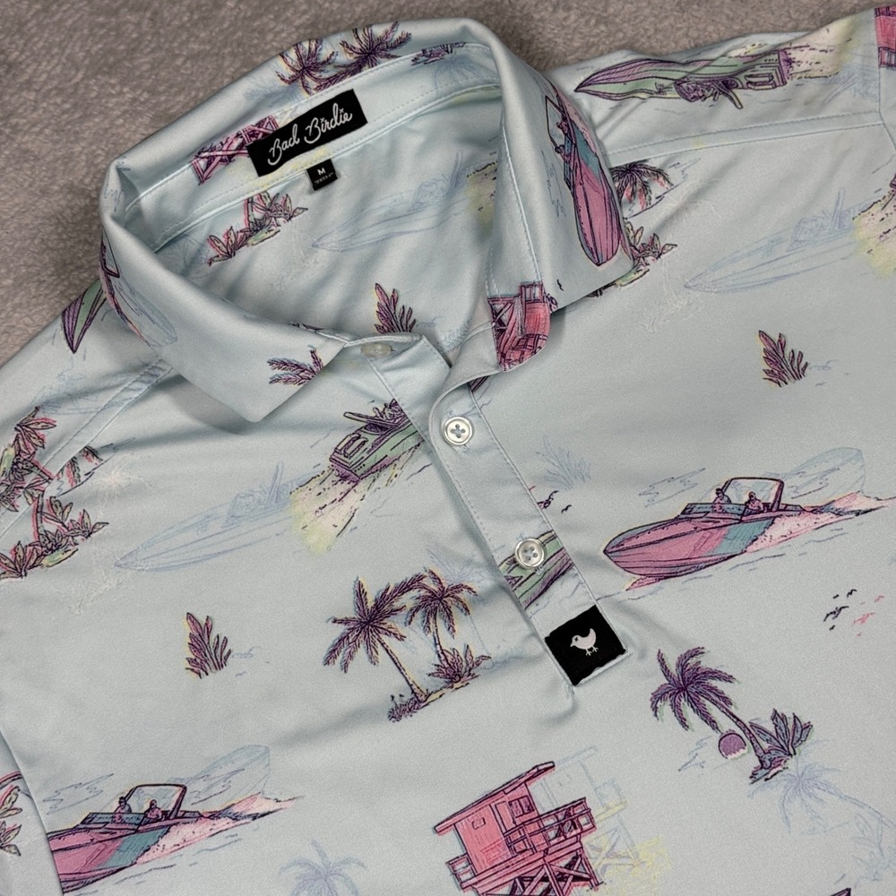 Bad Birdie Golf Polo Mens Medium Light Blue Tropical Boat Print GTSS22F2 Stretch